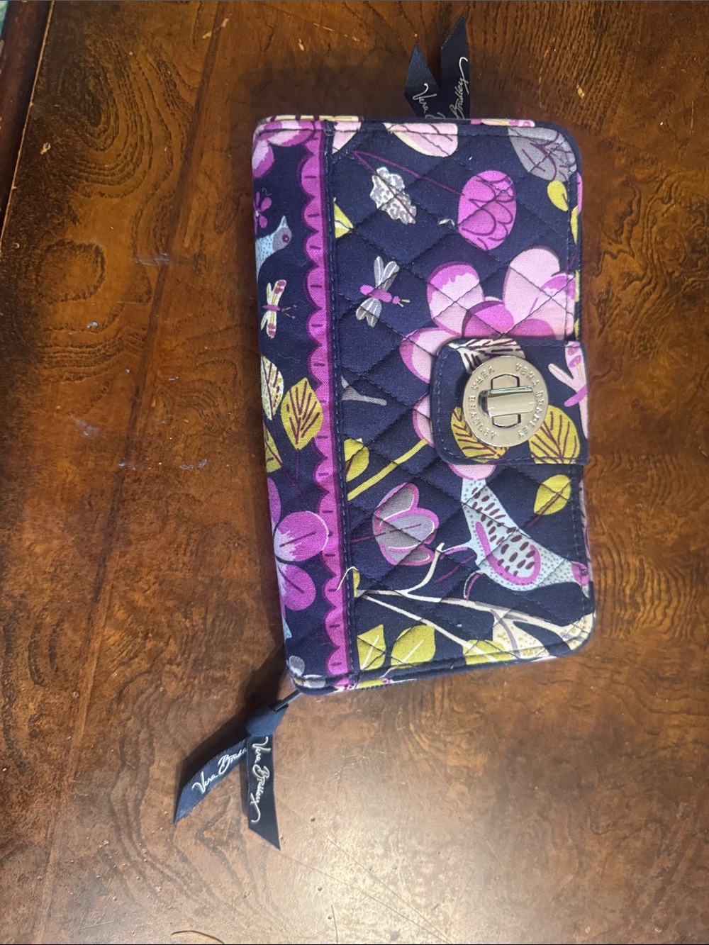 New Vera Bradley Navy Quilted Floral Phone Wallet with Purple Accents